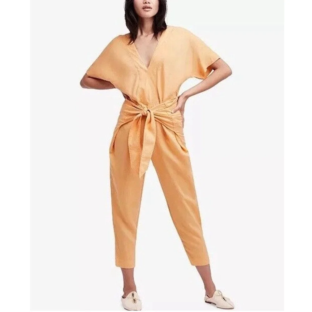 Free People Jumpsuit Womens XS Orange Tie Front Linen Blend Oversized Open Back